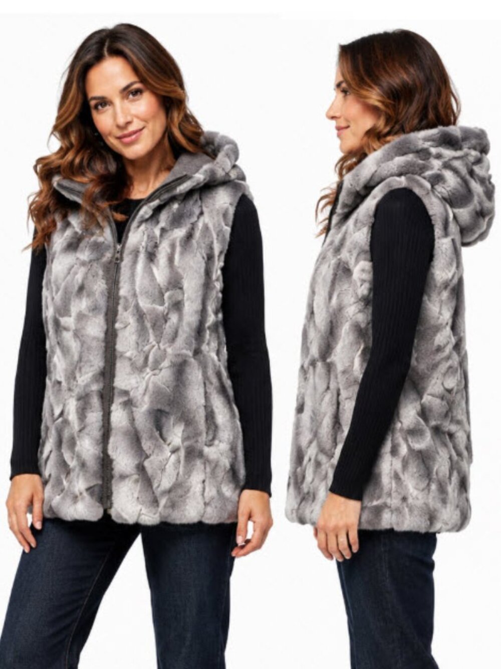Chinchilla Grey Rex Rabbit Fur Hooded Zip Vest Size 38 Medium